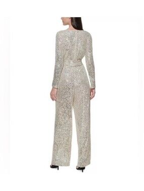 Eliza‎ J Size 12 Champagne Sequin Long Sleeve Wrap Wide Leg Jumpsuit NWT